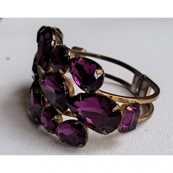 VTG Bold N Beautiful Purple Rhinestone Clamper Bracelet 1960's - Picture 8 of 16